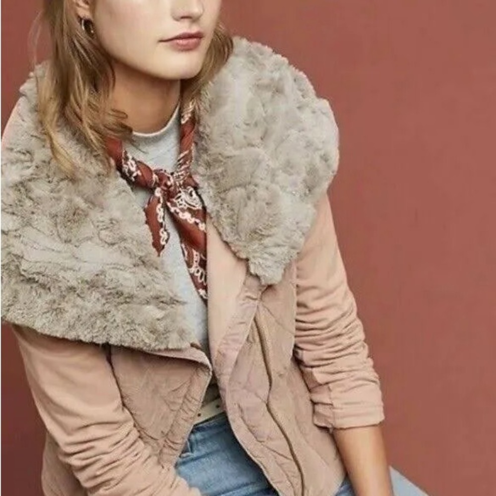 Marrakech Anthropologie Pink Quilted Faux Fur Collar Jacket